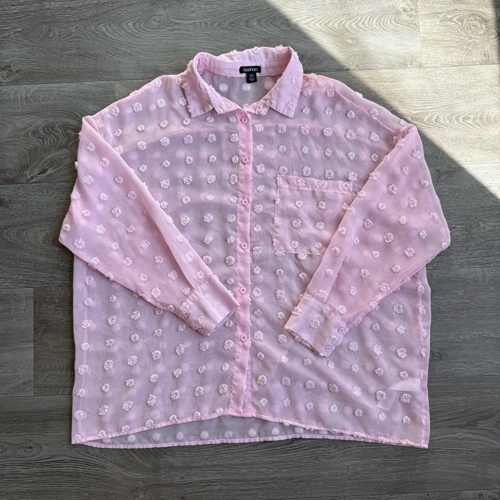 Boohoo Size 4 Pink Sheer Button-Up Blouse